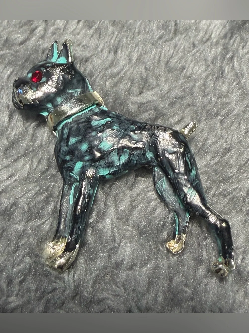 Vintage Boston Terrier Dog Brooch Pin Black Turquoise Marbled Enamel